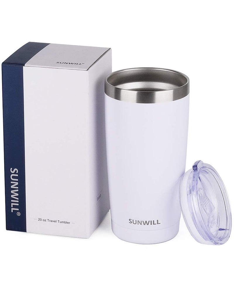 SUNWILL Travel Coffee Tumbler 20 oz, Insulated Mug with Lid, Stainless Steel Cup for Hot and Cold Drinks, Powder Coated White - Image 5